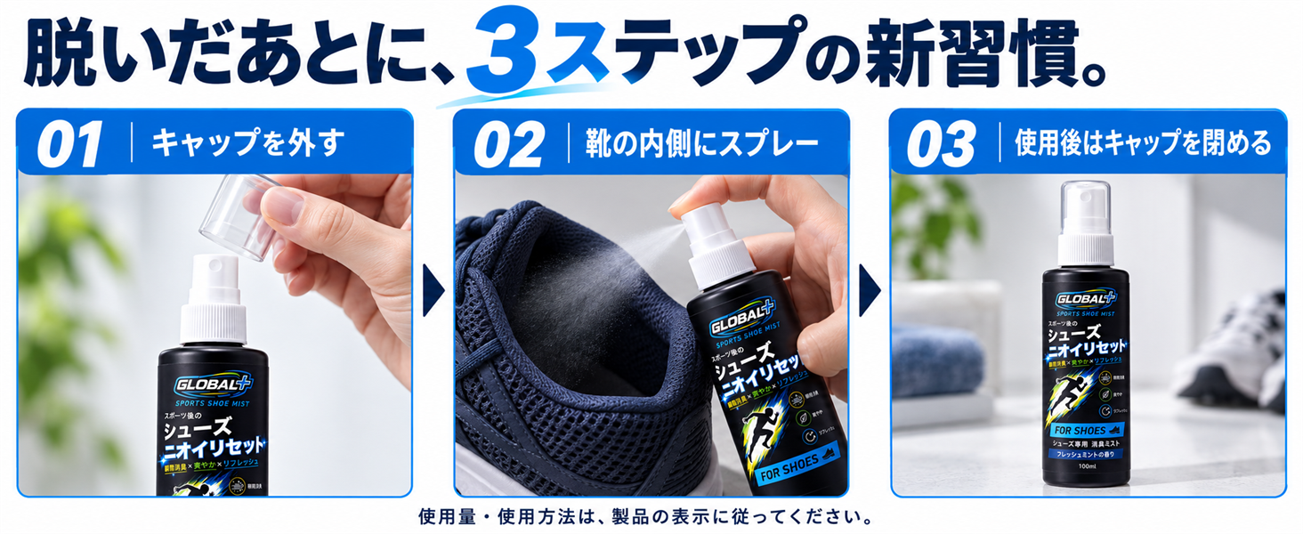 キャップを外す、靴の内側にスプレー、使用後はキャップを閉める、の3ステップ